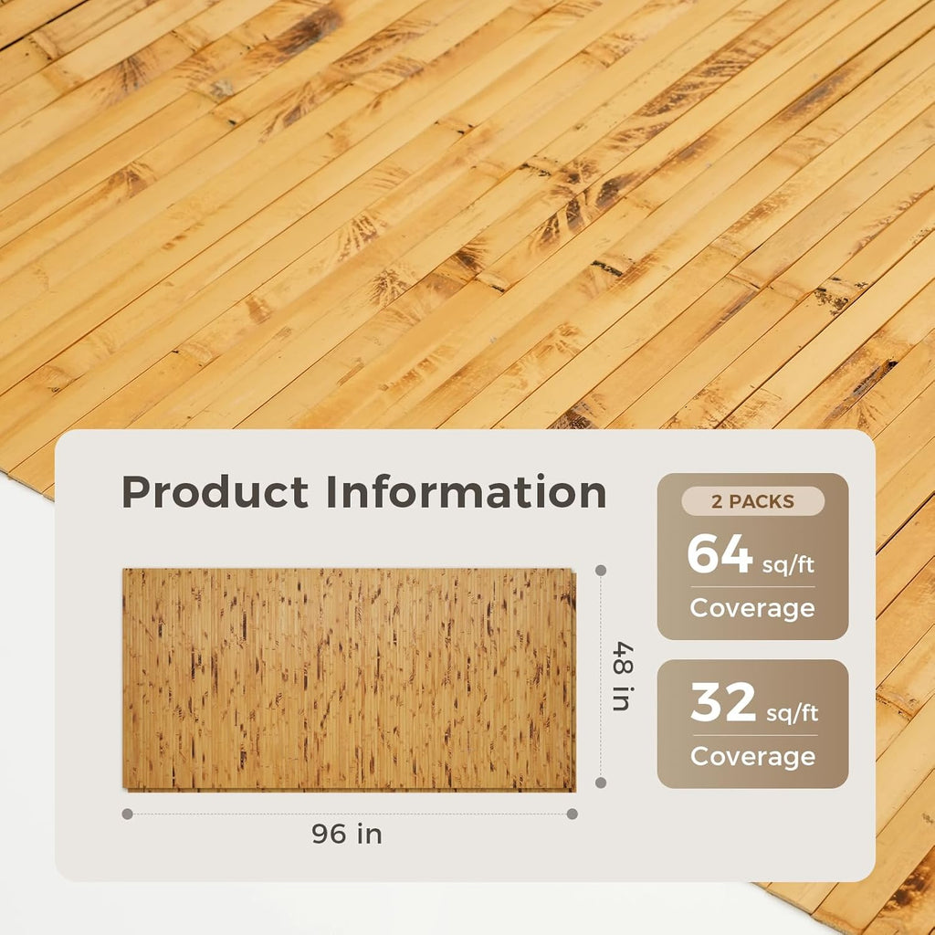 OUZUGIE 2 Pack 96x48 Inch Natural Bamboo Wall Panel – Yellow Burned Pole Wrap Paneling for Walls, Ceilings, Cabinets, Furniture – Ideal for Bedroom, Living Room & Office DIY Decor