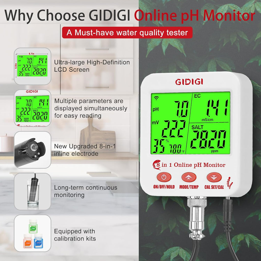 Digital pH EC Meter Smart Hydroponics pH Meter with WiFi for Real Time Large Screen with Multiple Parameters Displayed Simultaneously pH EC Monitor Salt Meter ORP Tester for Aquarium