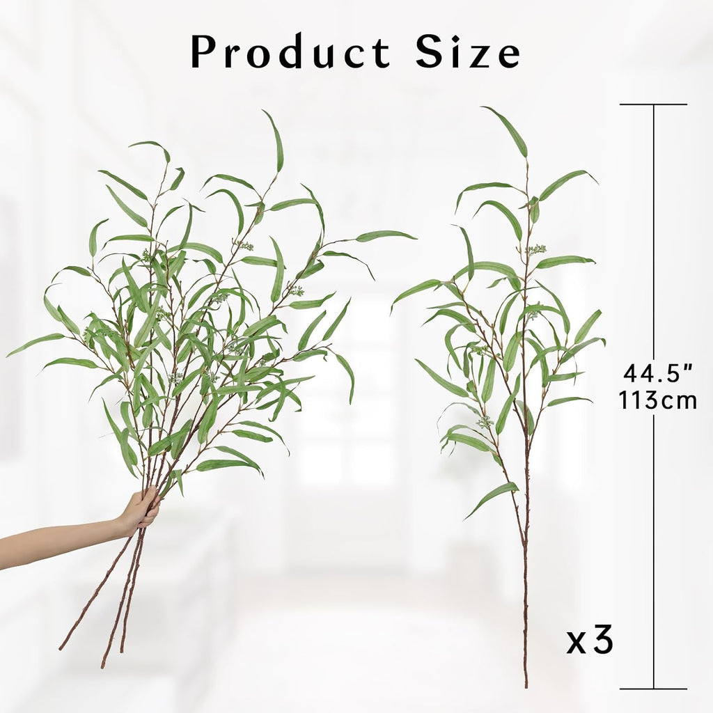 Briful 44.5’’ Tall Faux Eucalyptus Stems – Realistic Artificial Greenery Stems 3PCS Seeded Willow Eucalyptus Stems Brown Branches for Home, Office, Wedding, Bouquet, Centerpiece, Christmas Decoration