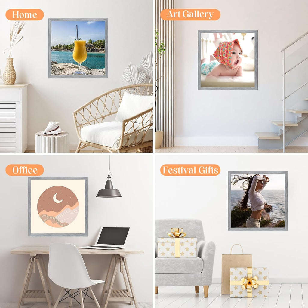 16x16 Wood Frame Gray, Rustic Natural Grey Wooden 16x16in Poster Picture Frame, Distressed 16 x 16inch Woodgrain Gallery Photo Frame with HD Plexiglass, Horizontal Vertical Wall Mounting Display 1pcs