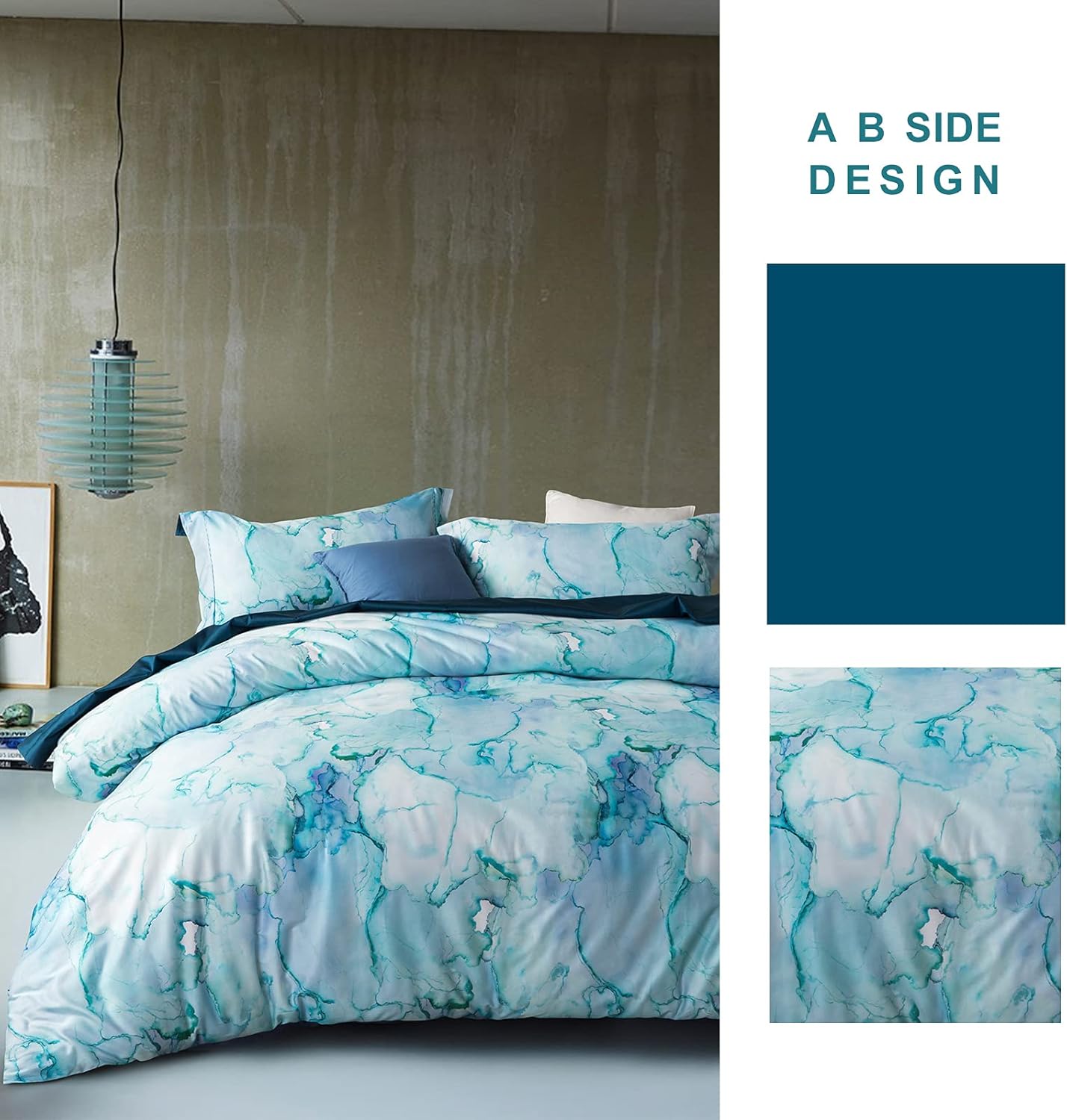 MILDLY 100% Long-Staple Cotton Duvet Cover Set Aqua Watercolor Marble Pattern Printed Comforter Cover 3pcs, Ultra Soft & Breathable Bedding Set