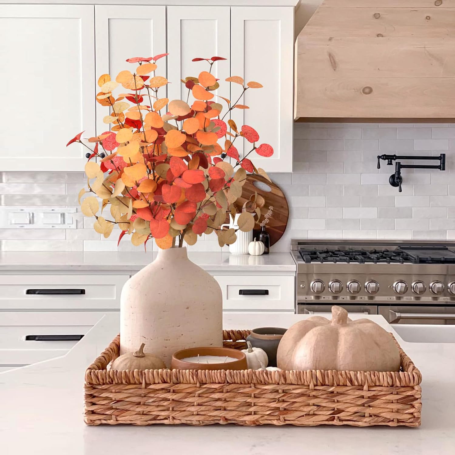 Beferr Fall Eucalyptus Stems Decor, 5Pcs 24" Faux Eucalyptus Branches Artificial Autumn Plants Decorations Fall Floral Arrangements Farmhouse Home Table Centerpiece