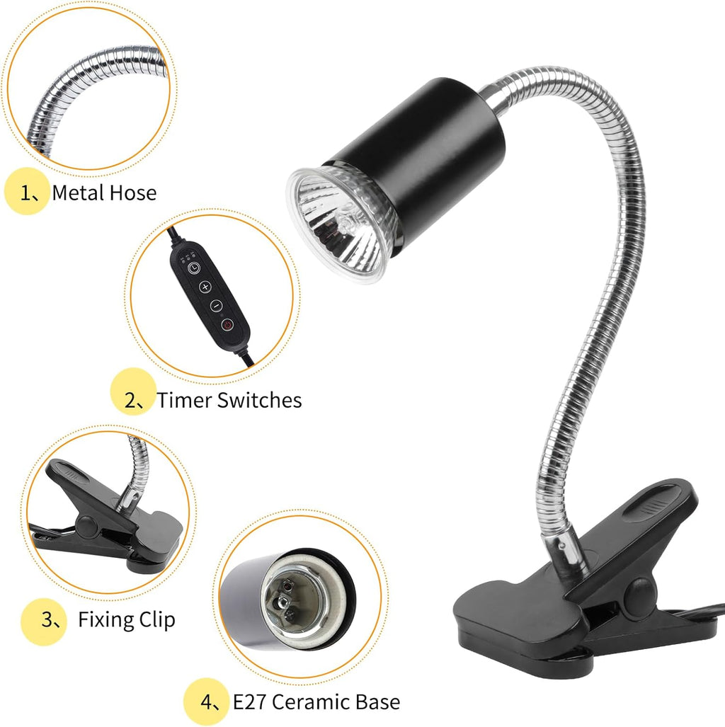 LUCKY HERP Reptile Heat Lamp with Clamp, Aquarium Turtle Tank Basking Light with 360° Rotatable Timing & Dimming and 2 Pack 50W UVA UVB Heat Light Bulb for Turtle Tortoise Lizard