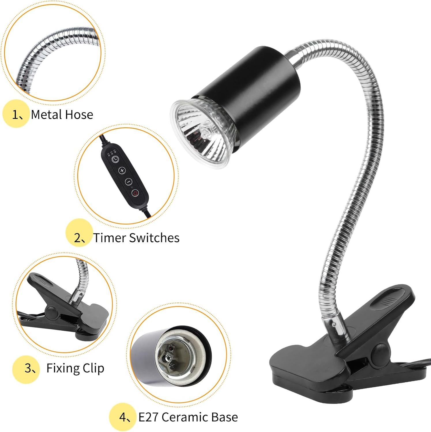 LUCKY HERP Reptile Heat Lamp with Clamp, Aquarium Turtle Tank Basking Light with 360° Rotatable Timing & Dimming and 2 Pack 50W UVA UVB Heat Light Bulb for Turtle Tortoise Lizard
