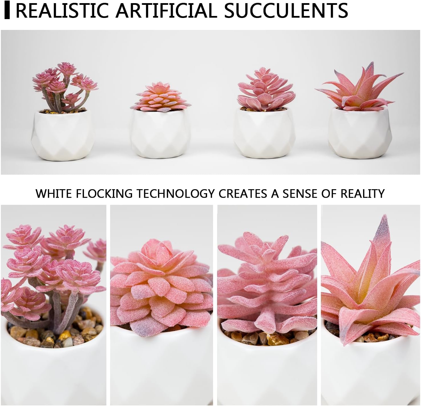 VIVERIE Mini Succulents Plants Artificial in Pots-Rose Pink, Christmas Small Fake Succulents Plants for Home Halloween Decor Indoor for Women, White Ceramic, Set of 4, Gifts for Mom