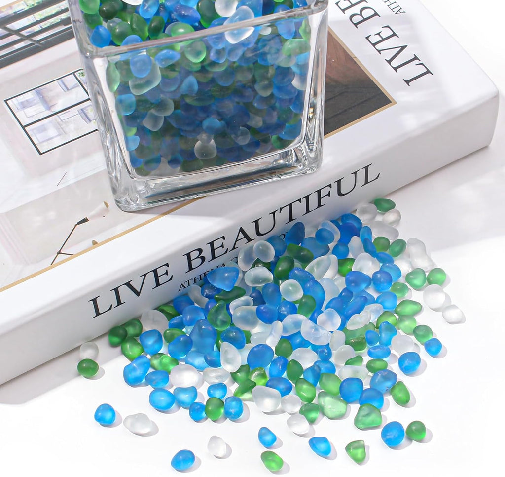 Keedolla 0.9 Lb Betta Fish Bowl Rocks Blue Green Mixed Gemstone Vase Fillers Frosted Glass Beads, Aquarium Rocks Fish Tank Gravel Stones Pebbles for DIY Crafts, Garden, Succulent Plants Decor