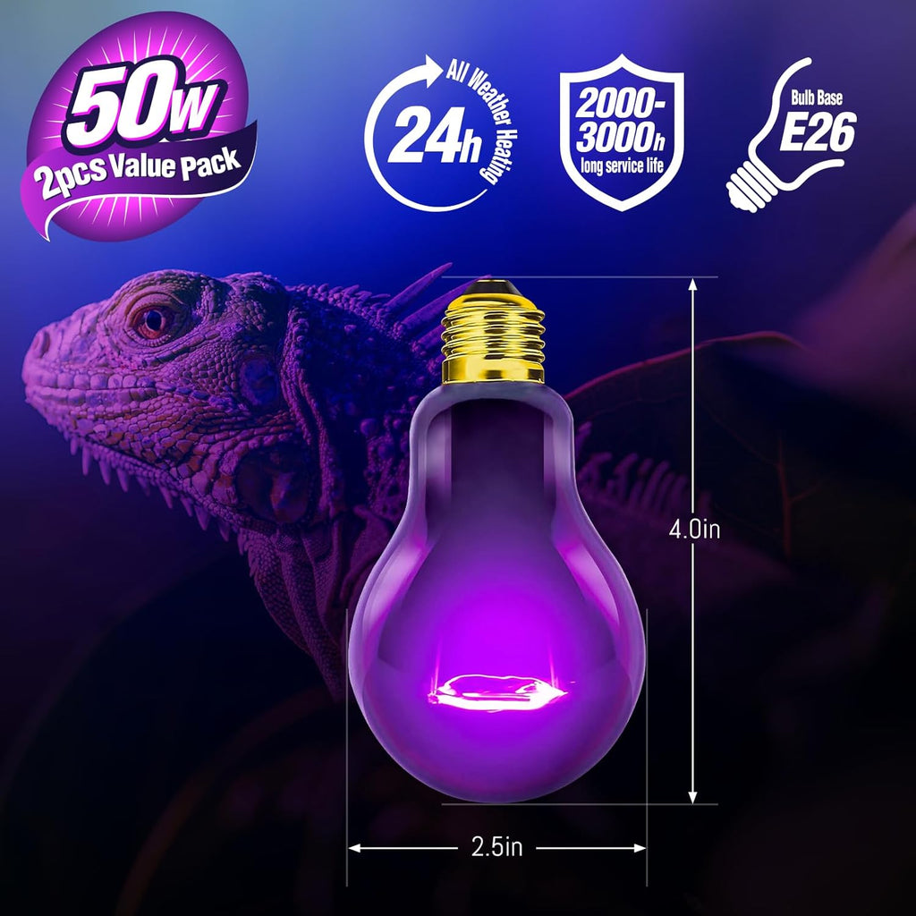 Leoterra Night Heat Lamp for Reptiles 2PACK 50W Heat Bulb Black Night Heat Light for Reptiles,120V E26 Base for Lizard Bearded Dragon Leopard Snake Turtle,Easy to Install and Replace