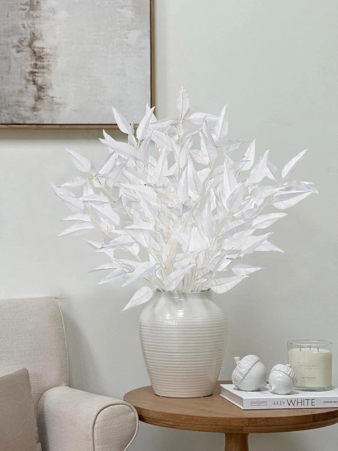 DILATATA Faux White Eucalyptus Stems – 32” Artificial Willow Leaves, 5 Pcs Long White Eucalyptus Branches for DIY Bouquets, Centerpieces, Shower & Wedding Decorations