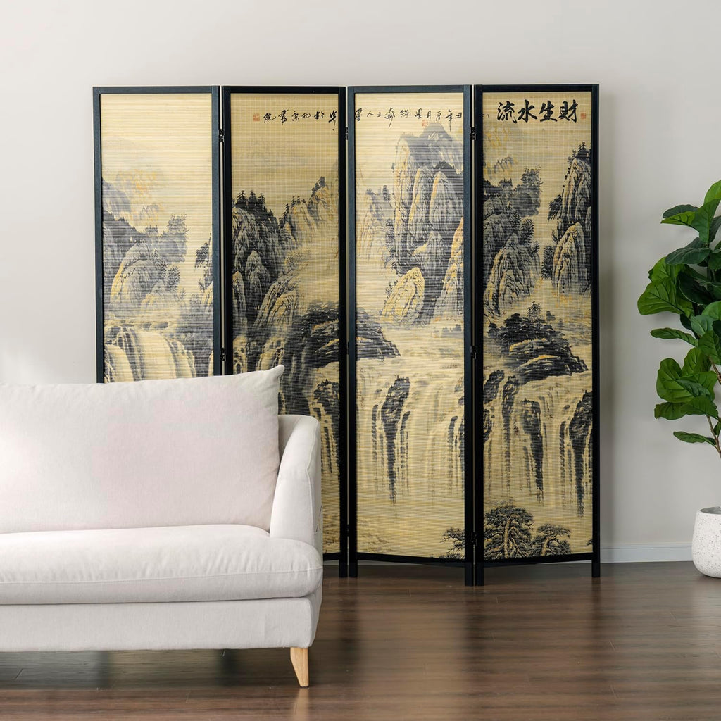 MyGift 4 Panel Folding Room Divider, 6FT Bamboo Privacy Screen with Black Wood Frame, Ancient Asian Mountain & Waterfall Landscape Print, and Brushed Prosperity Calligraphy Design 77''W x 70.9''H
