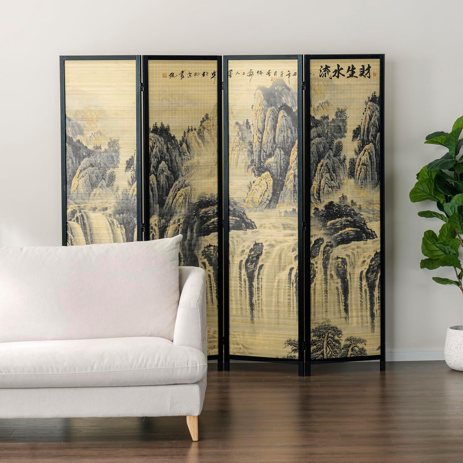 MyGift 4 Panel Folding Room Divider, 6FT Bamboo Privacy Screen with Black Wood Frame, Ancient Asian Mountain & Waterfall Landscape Print, and Brushed Prosperity Calligraphy Design 77''W x 70.9''H