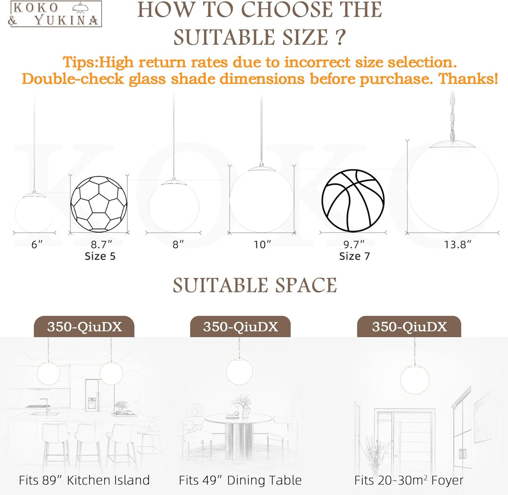 KoKo&Yukina 13.7" Black Globe Pendant Light Mid Century Pendant Light Milk Glass Pendant Lights Kitchen Island Adjustable Hanging Light Fixture for Dining Room Bedroom Kitchen Island