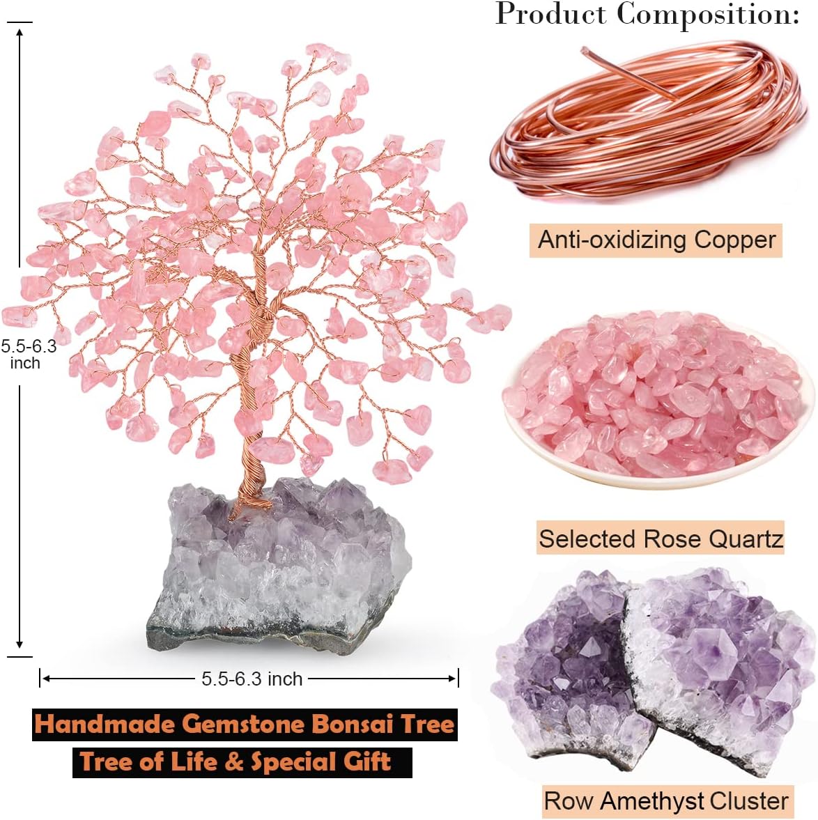 Natural Rose Quartz Gemstone Crystal Tree of Life, Amethyst Cluster Base,Feng Shui Decor Bonsai Money Tree,Healing Crystal Positive Energy Gift Size 5.5-6.3 Inches