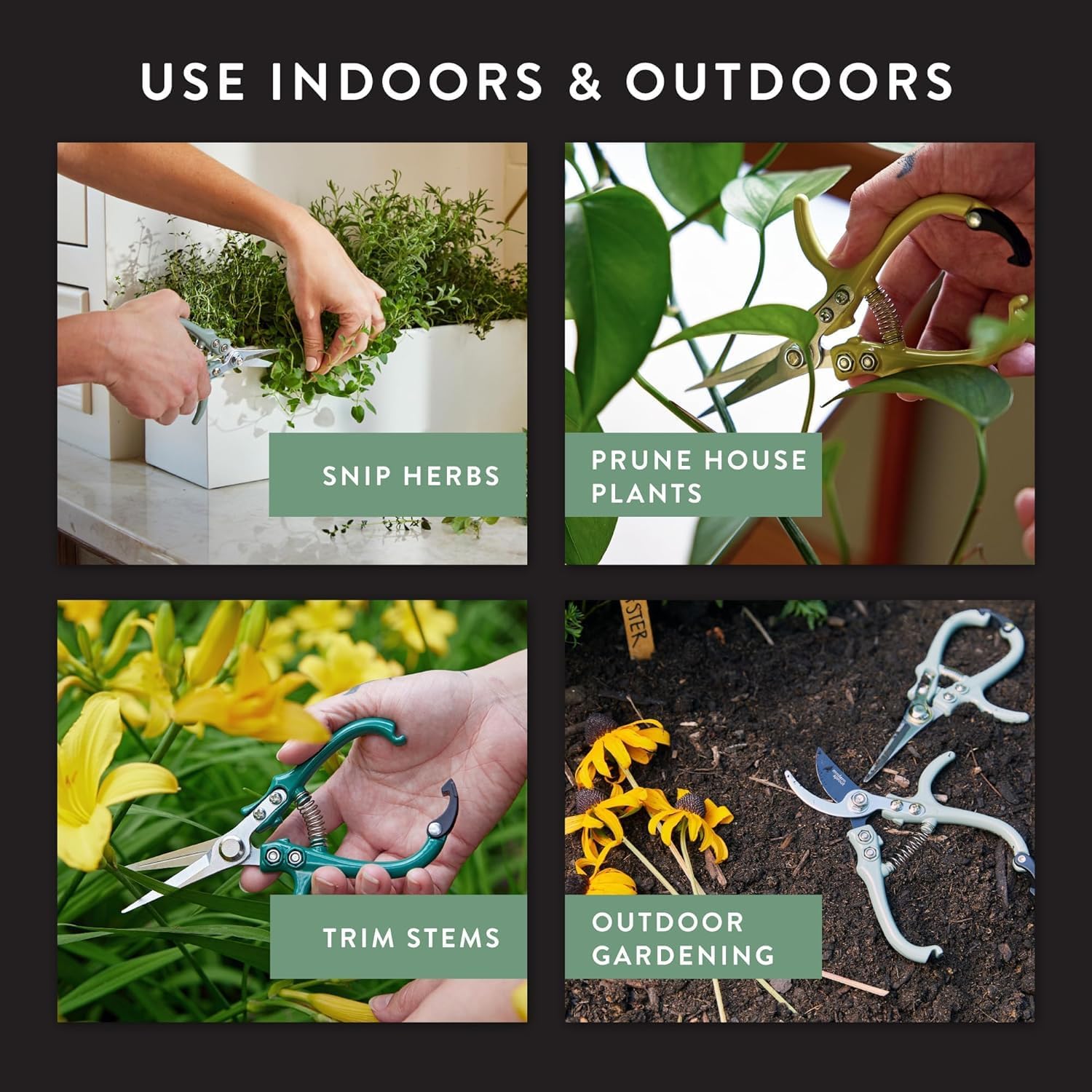 Modern Sprout Pruning Shears - Herb Snipping Scissors- Lightweight Gardening Tools W/Easy Lock - Flower Cutter Garden Shears - Carbon Steel Blade + Plastic-Free Reusable Holster (Multicolor, 4 Pcs)