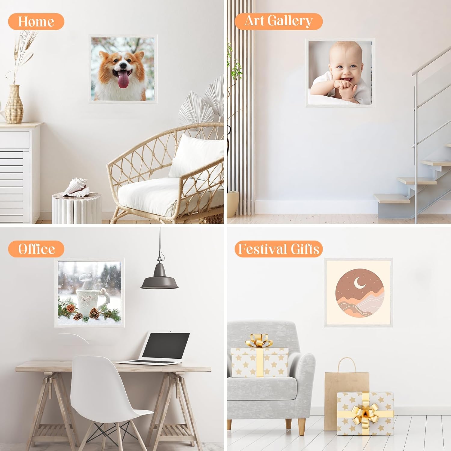 16x16 Wood Frame White, Modern Natural Woodgrain 16x16in Picture Frame, Rustic Wooden 16 x 16 inch Gallery Wall Photo Poster Frame with HD Plexiglass, Horizontal Vertical Wall Mounting Display 1pcs