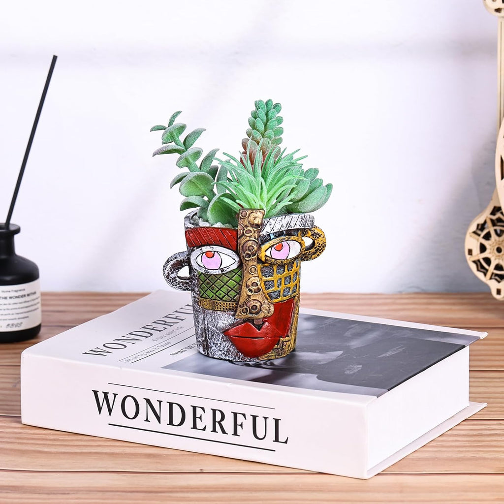 Mini Face Planters Pots Head, Abstract Colorful Graffiti Cute Mini Pots for Plants with Drainage, Ideal for Indoor Outdoor Unique Planters for Plants (Old Color)