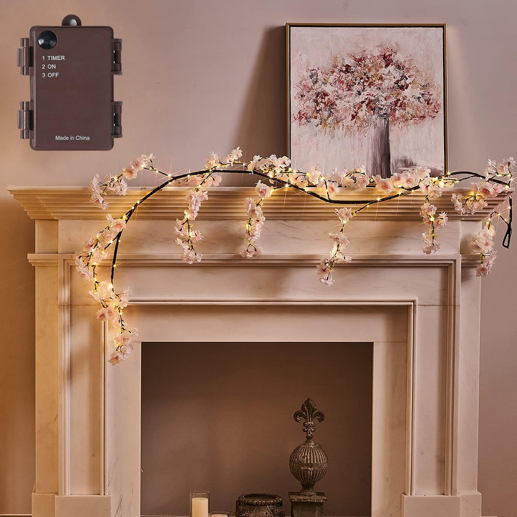 Fudios Lighted Garland Spring with Cherry Blossom 96 Fairy Lights 6FT for Mantle Year Round,Flower Garland with Lights with Timer Battery Operated for Wedding Party