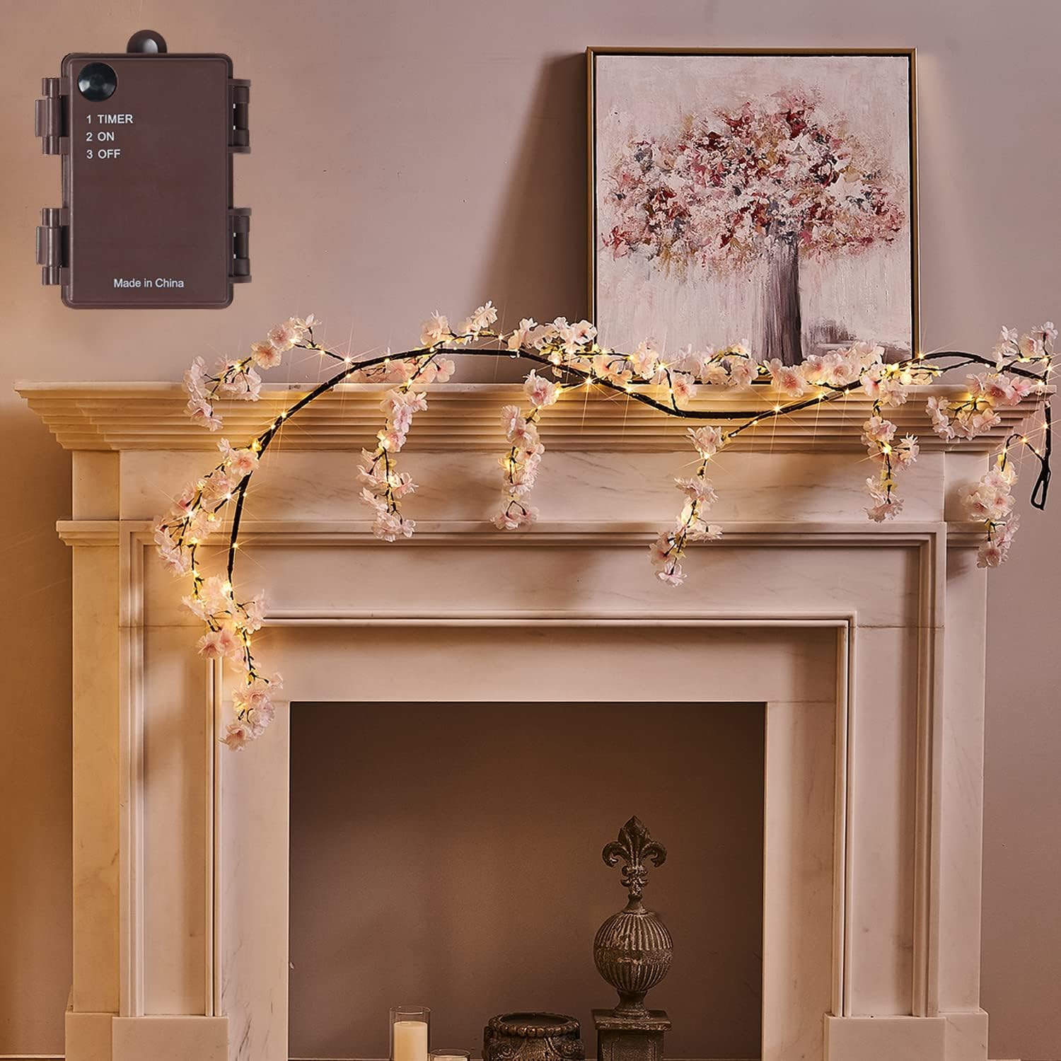 Fudios Lighted Garland Spring with Cherry Blossom 96 Fairy Lights 6FT for Mantle Year Round,Flower Garland with Lights with Timer Battery Operated for Wedding Party