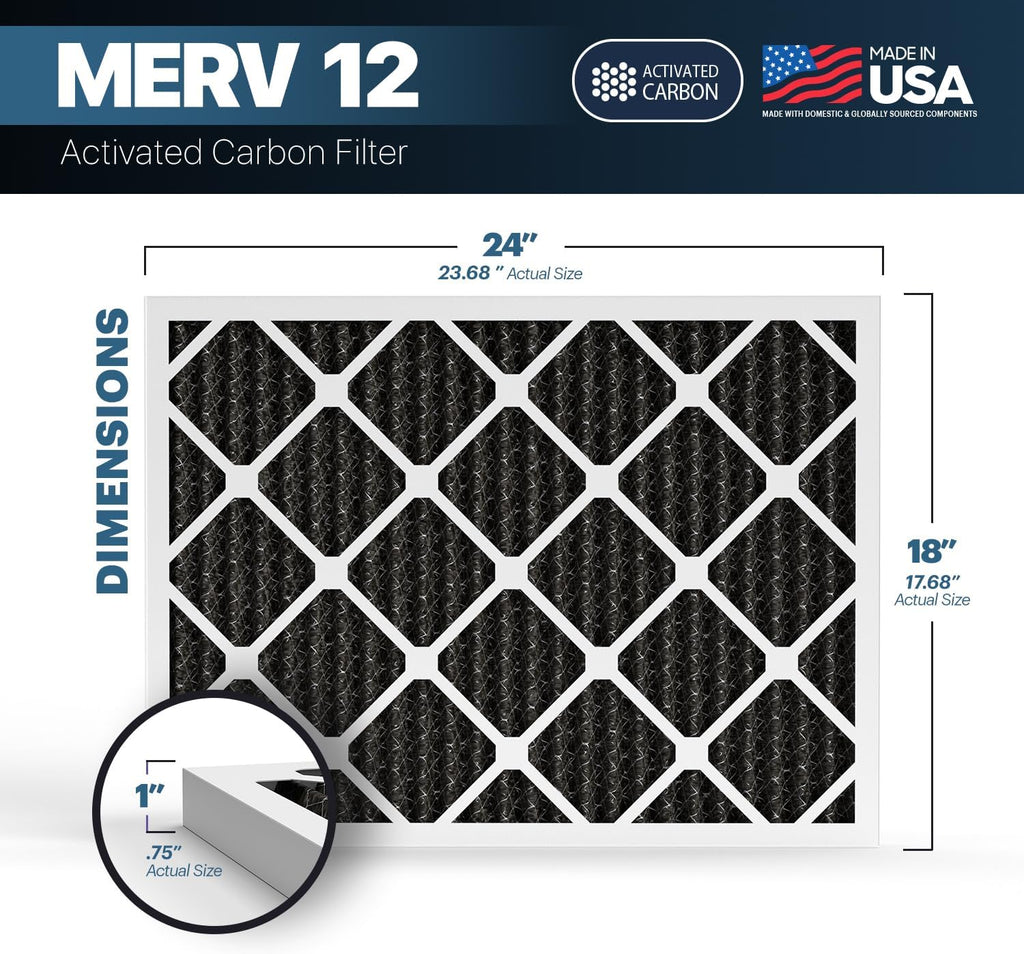 BNX TruFilter 18x24x1 MERV 12 Odor Defense (2-Pack) AC Furnace Air Filter with Activated Carbon - MADE IN USA - Pleated Air Conditioner HVAC AC Furnace Filters - Removes Odor, Mold, Bacteria, Smoke