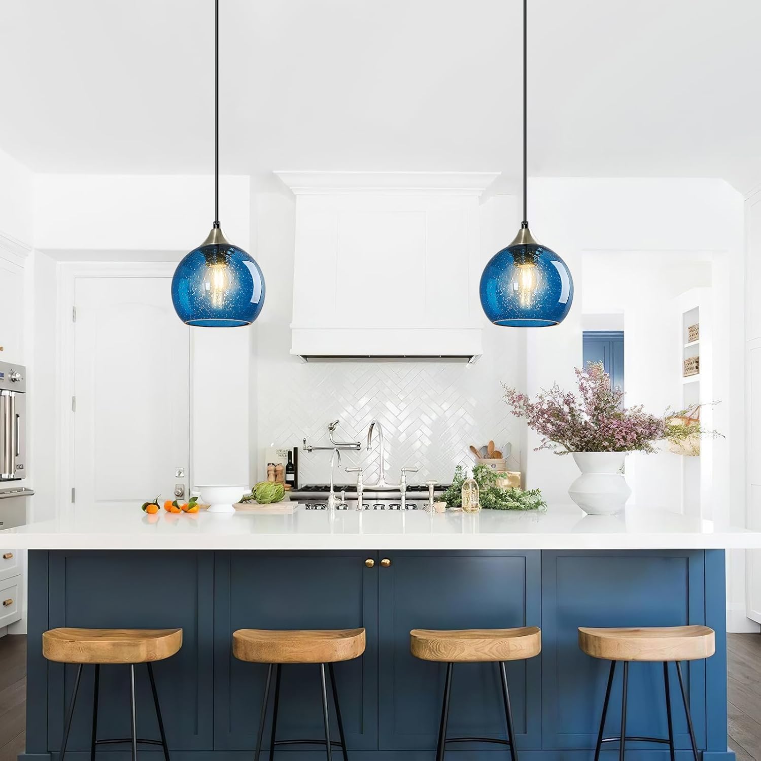 Blue Glass Pendant Lights Kitchen Island Lighting Globe Pendant Light Fixtures Modern Lighting for Kitchen Island Bedroom Living Dining Room (5.9in, 2-Pack)