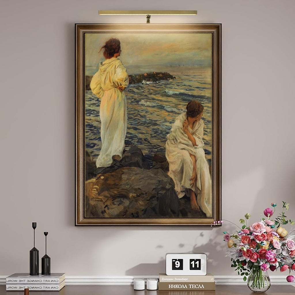2 Pack Brass Picture Lights for Paintings Plug in, 16" 4W Adjustable LED Gold Picture Light Art Light, Remote Control Gallery Painting Wall Light for Picture Display Dartboard Art Work (Gold)