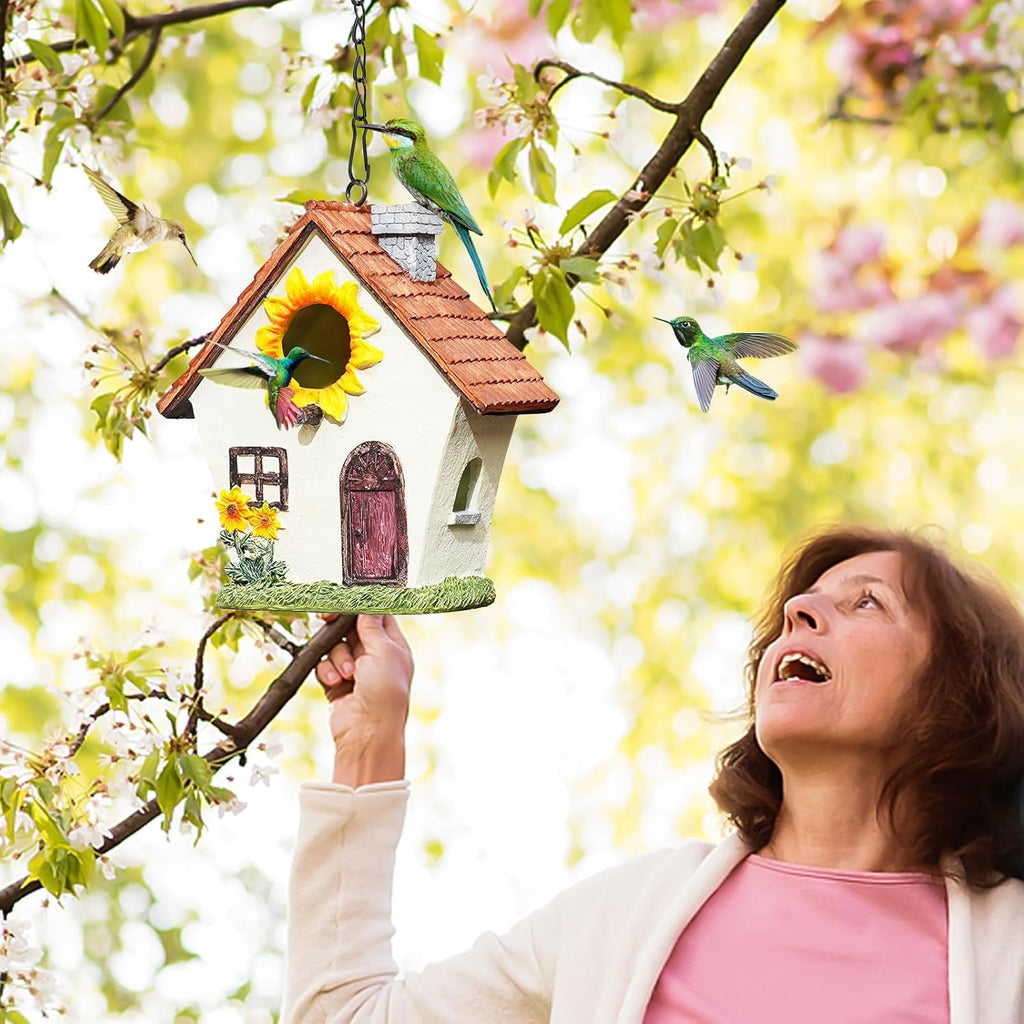 Garden Bird House for Outside, Hanging Resin Birdhouse Hummingbird House for Blue Bird Sparrow Chickadee, Sunflower Decorative Bird Box for Outdoors Country Garden Courtyard (Brown, Small)