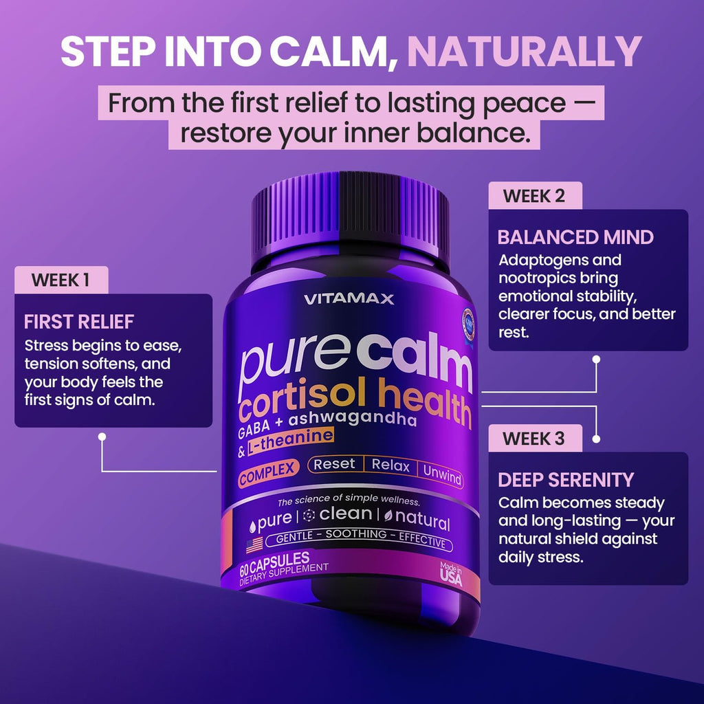 Vitamax Pure Calm Cortisol Supplements for Women - L Theanine, Ashwagandha, GABA for Relaxation, Mood & Stress Support with Ginkgo Biloba, Bacopa Monnieri, 5-HTP – Non-GMO, Made in USA – 60ct