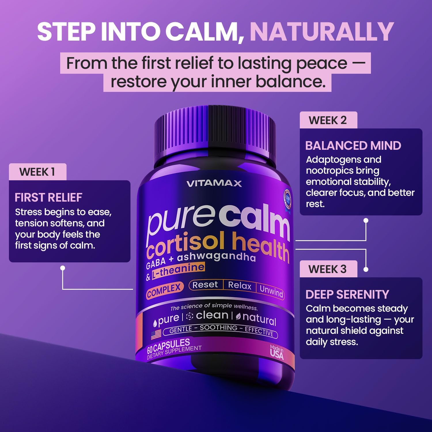 Vitamax Pure Calm Cortisol Supplements for Women - L Theanine, Ashwagandha, GABA for Relaxation, Mood & Stress Support with Ginkgo Biloba, Bacopa Monnieri, 5-HTP – Non-GMO, Made in USA – 60ct