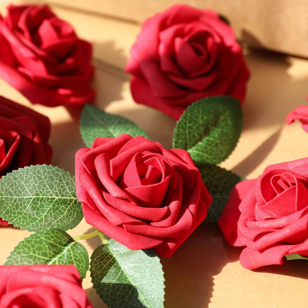 AmyHomie Artificial Flower Dark Red Rose 100pcs Real Looking Fake Roses w/Stem for DIY Wedding Bouquets Centerpieces Arrangements Party Baby Shower Valentines Day Christmas Tree Decorations