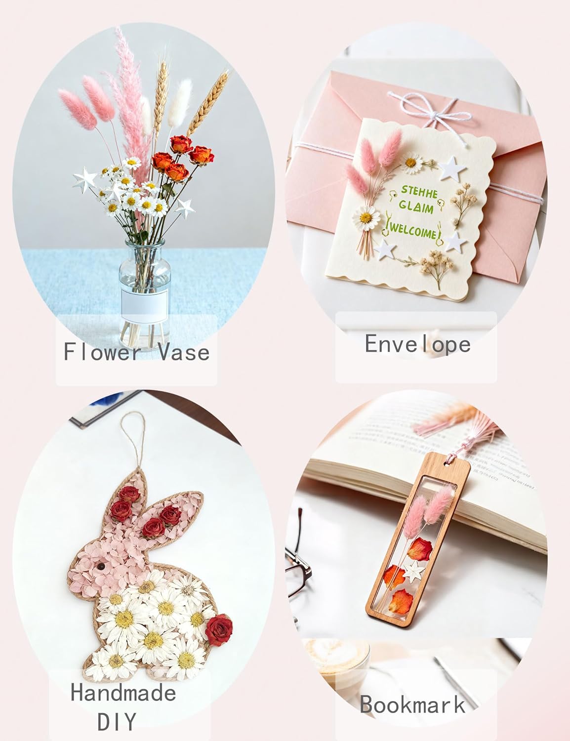 DIY Natural Dried Flower Set for Vase, Bulk Boho Dried Flowers with Stems,Fall Decor, Mini Flower Arrangements.(Pink)