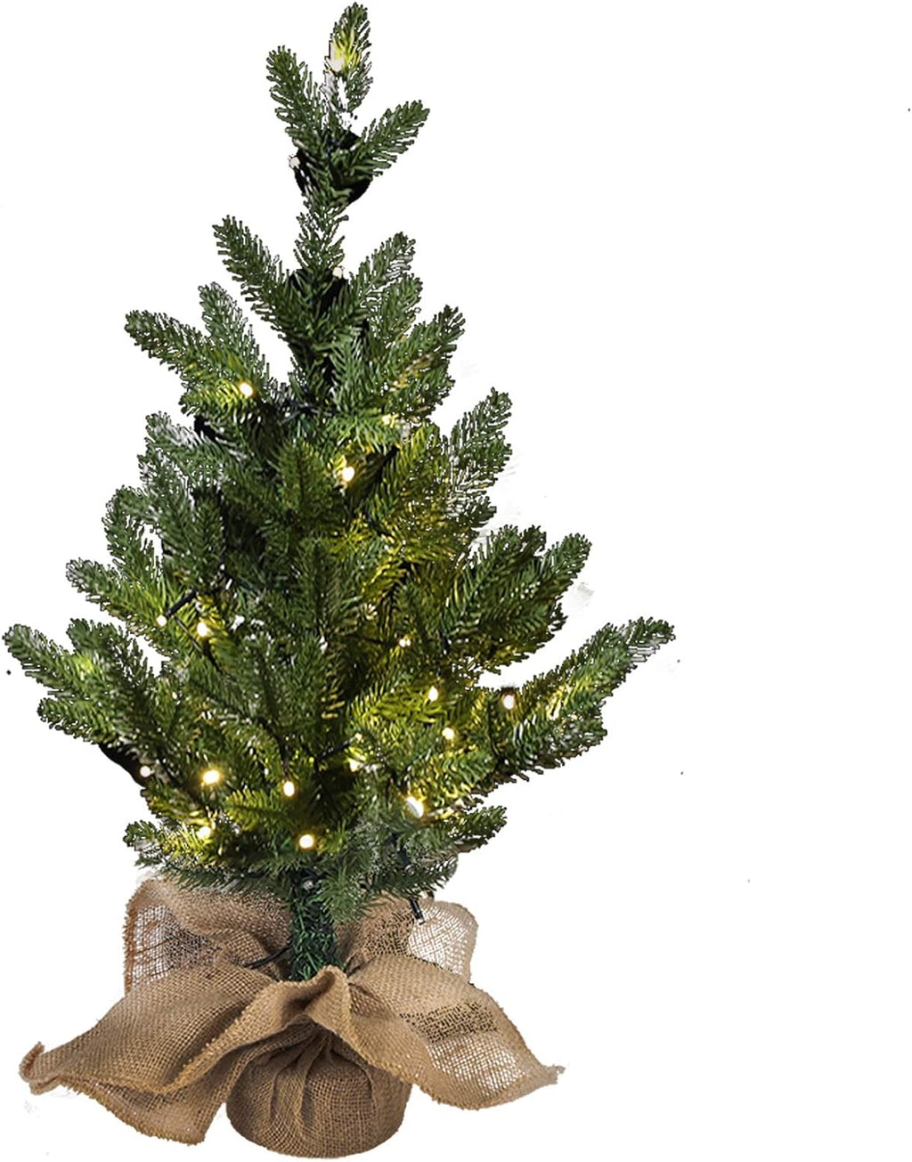 MorTime 24 Inch Mini Artificial Christmas Tree with 50 LED Lights, 2 ft Table Top Christmas Pine Tree 29 Tips with Burlap Wooden Base, Christmas Winter Home Decorations