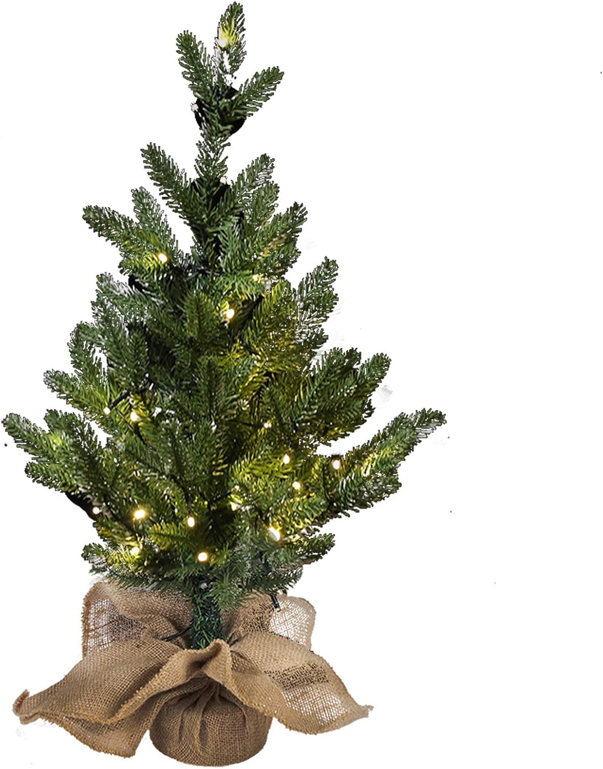 MorTime 24 Inch Mini Artificial Christmas Tree with 50 LED Lights, 2 ft Table Top Christmas Pine Tree 29 Tips with Burlap Wooden Base, Christmas Winter Home Decorations