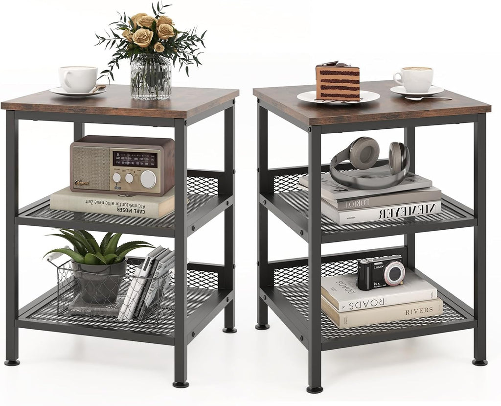 Tangkula Square Side Table, 3-Tier Nightstand with Dual Mesh Shelves, Industrial End Table for Living Room, Bedroom & Kitchen, Sofa Side Table, 16 x 16 x 21.5 Inch (Rustic Brown, 2 Pack)