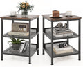 Tangkula Square Side Table, 3-Tier Nightstand with Dual Mesh Shelves, Industrial End Table for Living Room, Bedroom & Kitchen, Sofa Side Table, 16 x 16 x 21.5 Inch (Rustic Brown, 2 Pack)