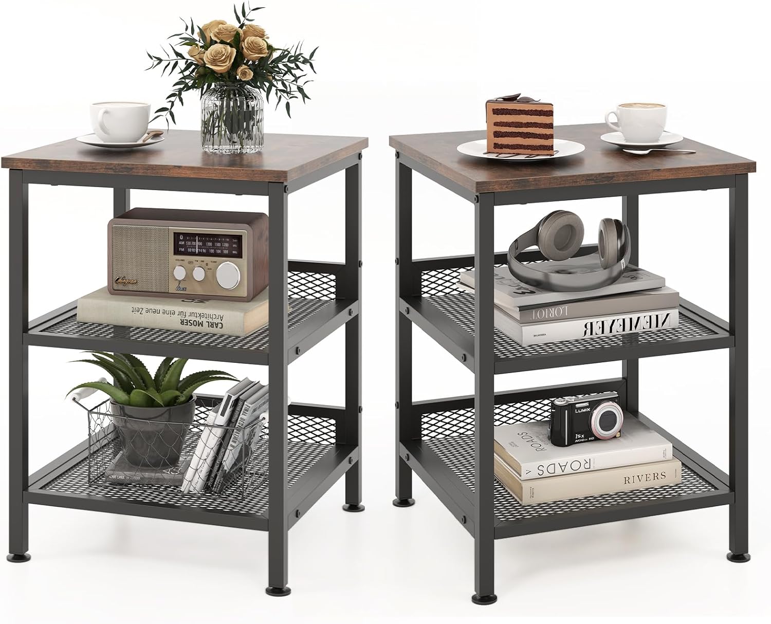 Tangkula Square Side Table, 3-Tier Nightstand with Dual Mesh Shelves, Industrial End Table for Living Room, Bedroom & Kitchen, Sofa Side Table, 16 x 16 x 21.5 Inch (Rustic Brown, 2 Pack)