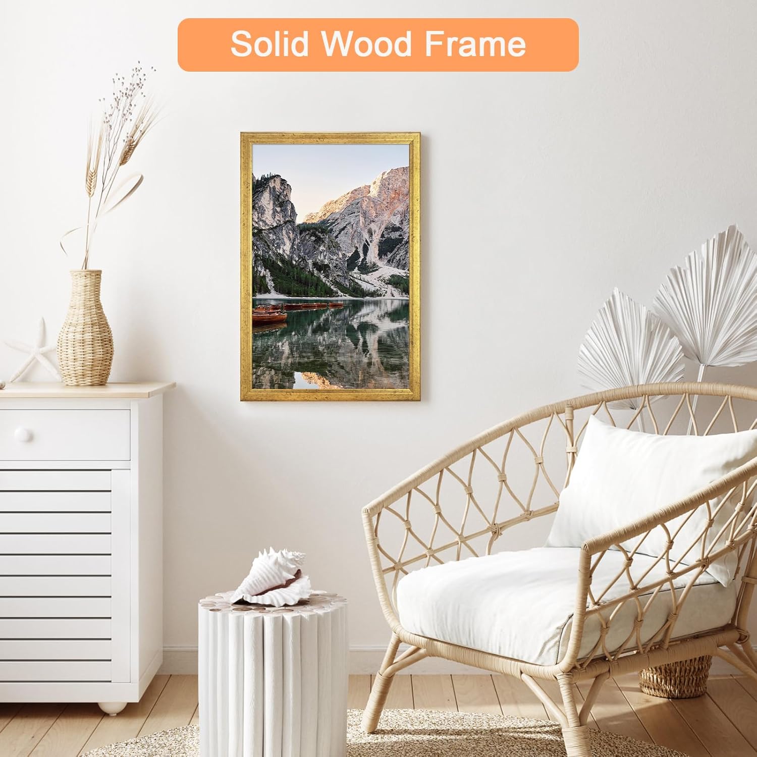 Wood 14x24 Frame Gold, Ornate Natural 24x14in Poster Picture Frame, Modern Golden 14 x 24inch Gallery Wall Photo Frame with HD Plexiglass, Horizontal Vertical Wall Mounting Display 1pcs