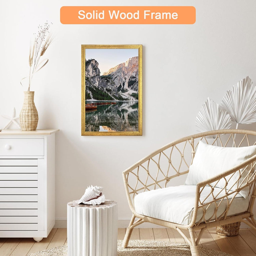Wood 14x22 Frame Gold, Ornate Natural 22x14in Poster Picture Frame, Modern Golden 14 x 22inch Gallery Wall Photo Frame with HD Plexiglass, Horizontal Vertical Wall Mounting Display 1pcs
