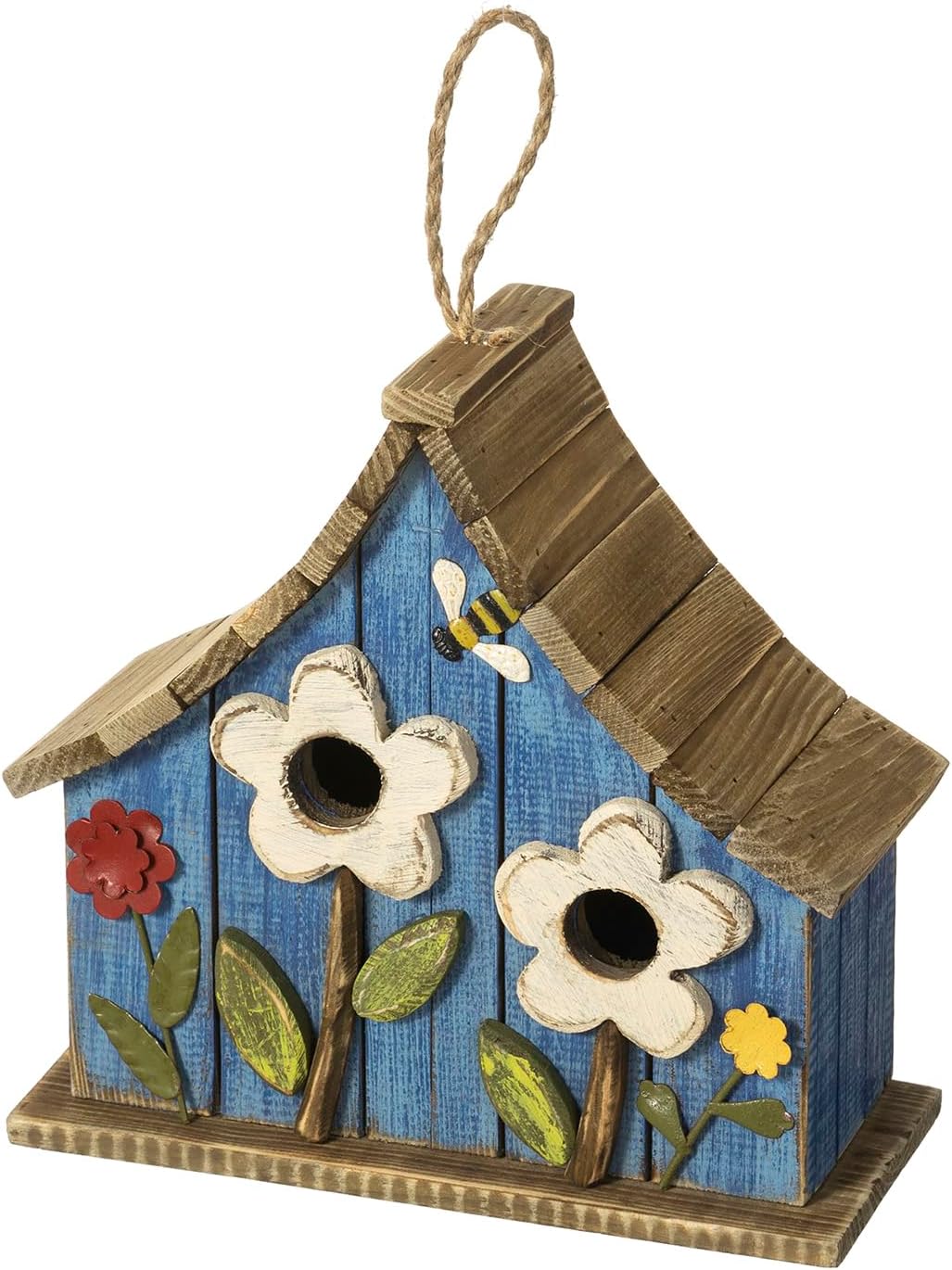 Glitzhome 10.75" L Distressed Solid Wood Hanging Birdhouse with 3D Flowers Rustic Hand-Painted Garden Bird Houses for Outdoors Decorative
