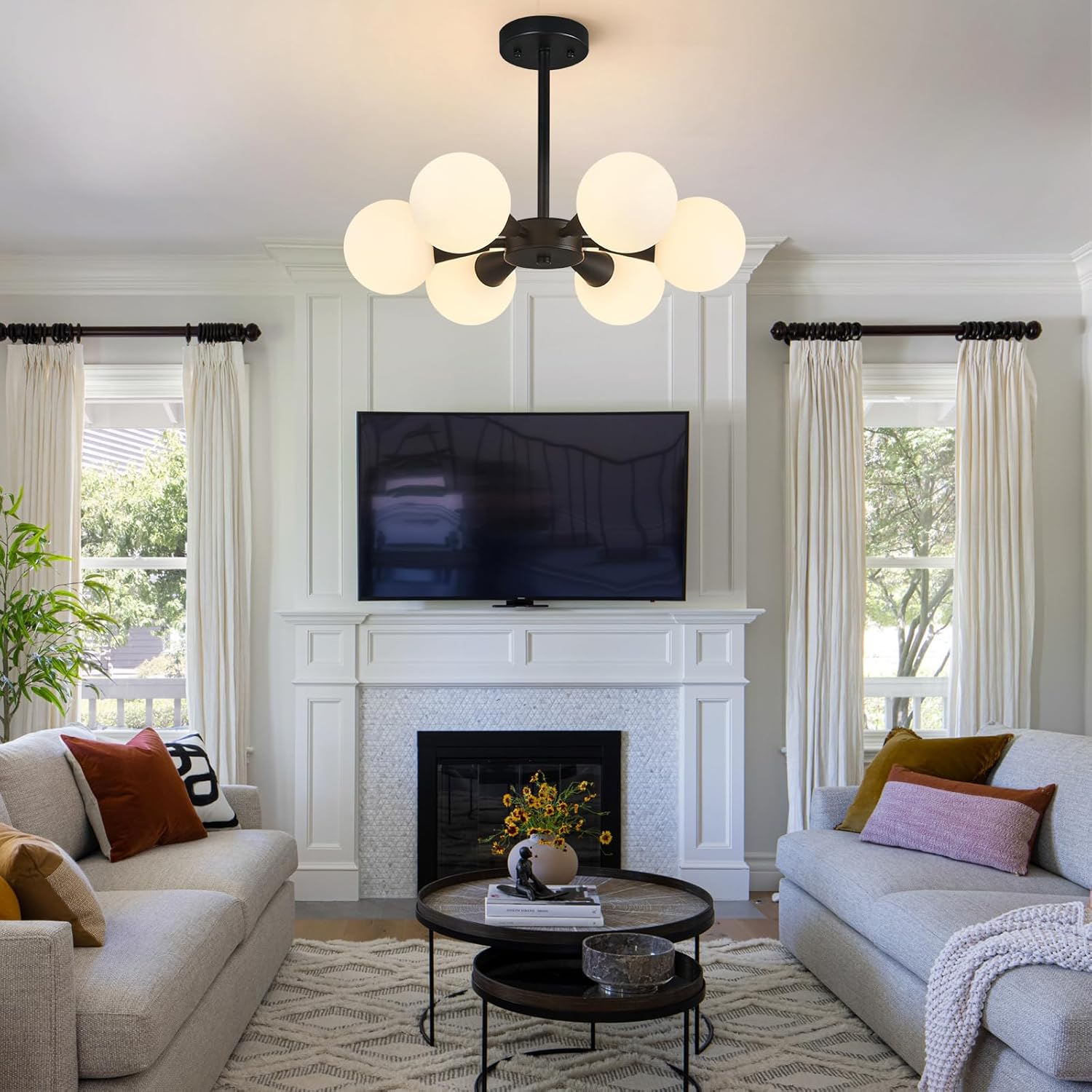 Modern Ceiling Light with Milk White Glass lampshade Black Semi Flush Mount Ceiling Light Fixture Sputnik Chandelier for Bedroom Living Room Dining Room Foyer Hallway(6-Lights)