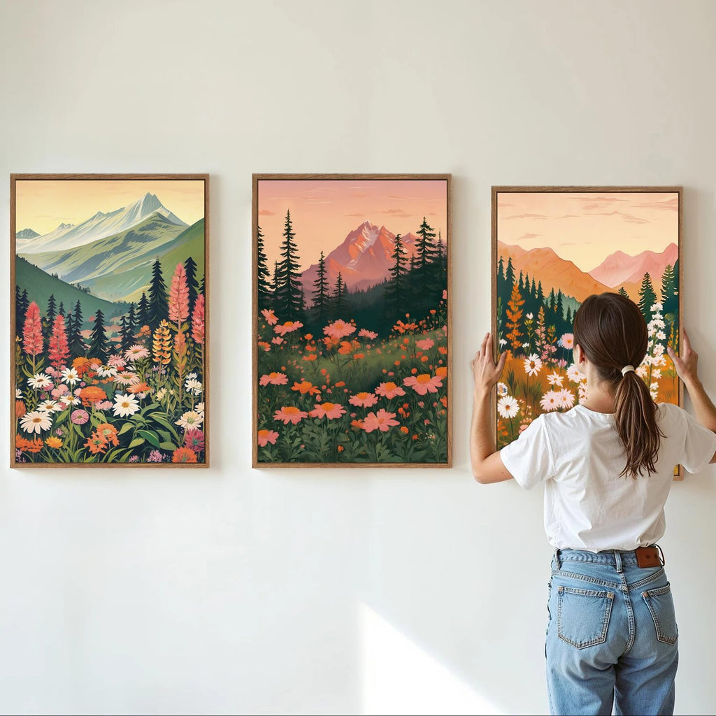 Tinonedraw Large Boho Mountain Framed Canvas Wall Art Set of 3, Colorful Wildflower Daisy Flowers Wall Decor, Bohemian Floral Forest Scenery Artwork, Modern Nature Landscape Art Prints for Bedroom Living Room Office 16"x24"