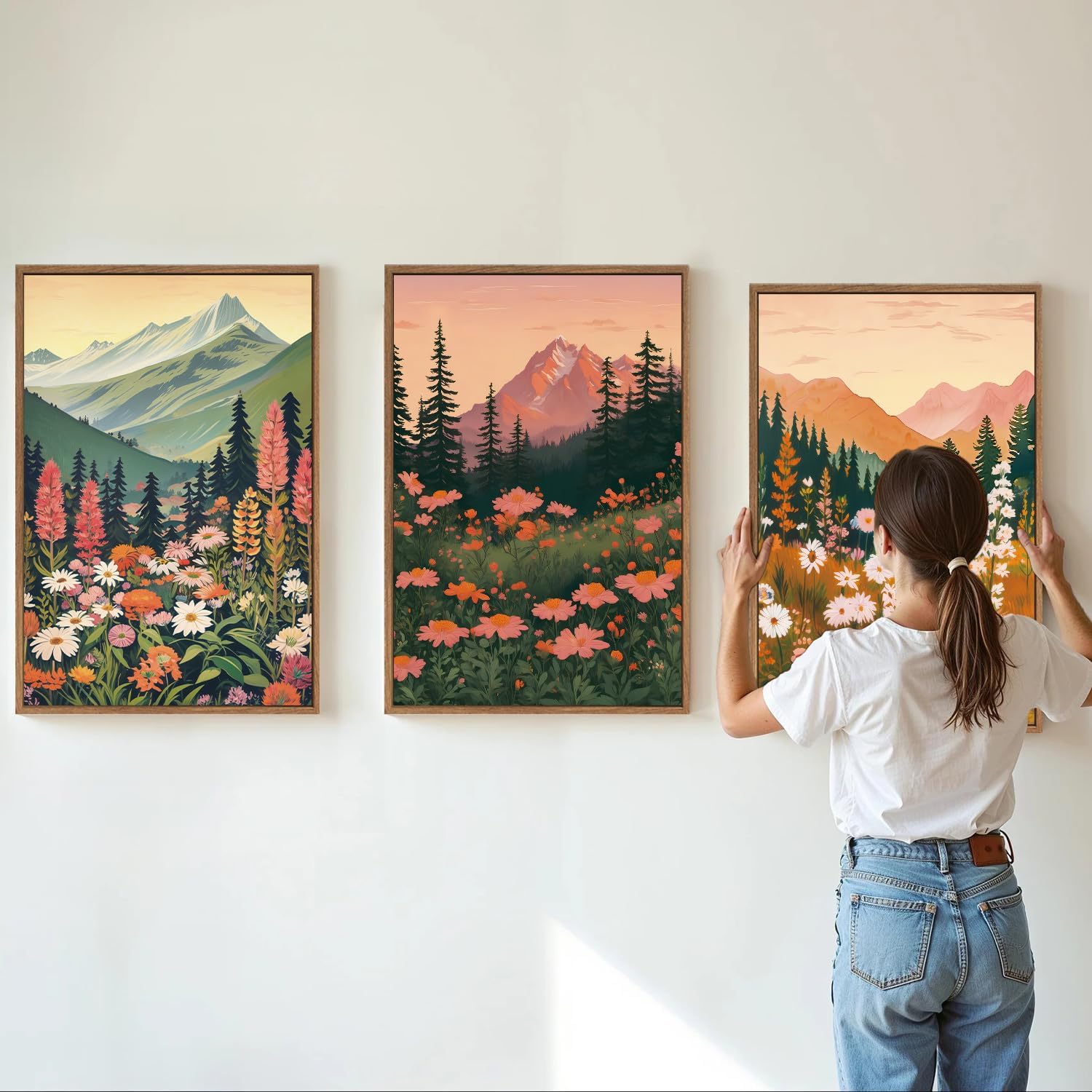Tinonedraw Mountain Wildflower Framed Canvas Wall Art Set, Boho Mountains Landscape Wall Decor, Modern Floral Forest Scenery Artwork, Neutral Nature Art Prints for Living Room Bedroom Office 24"x36"x3