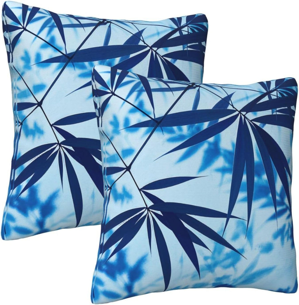 Blue Gradient Bamboo Leaf Throw Pillow Covers Set of 2 Ultra-Soft All-Season Pillow Shams with Hidden Zipper,Durable for Sofa Bed Car Decor & Gift 18x18IN
