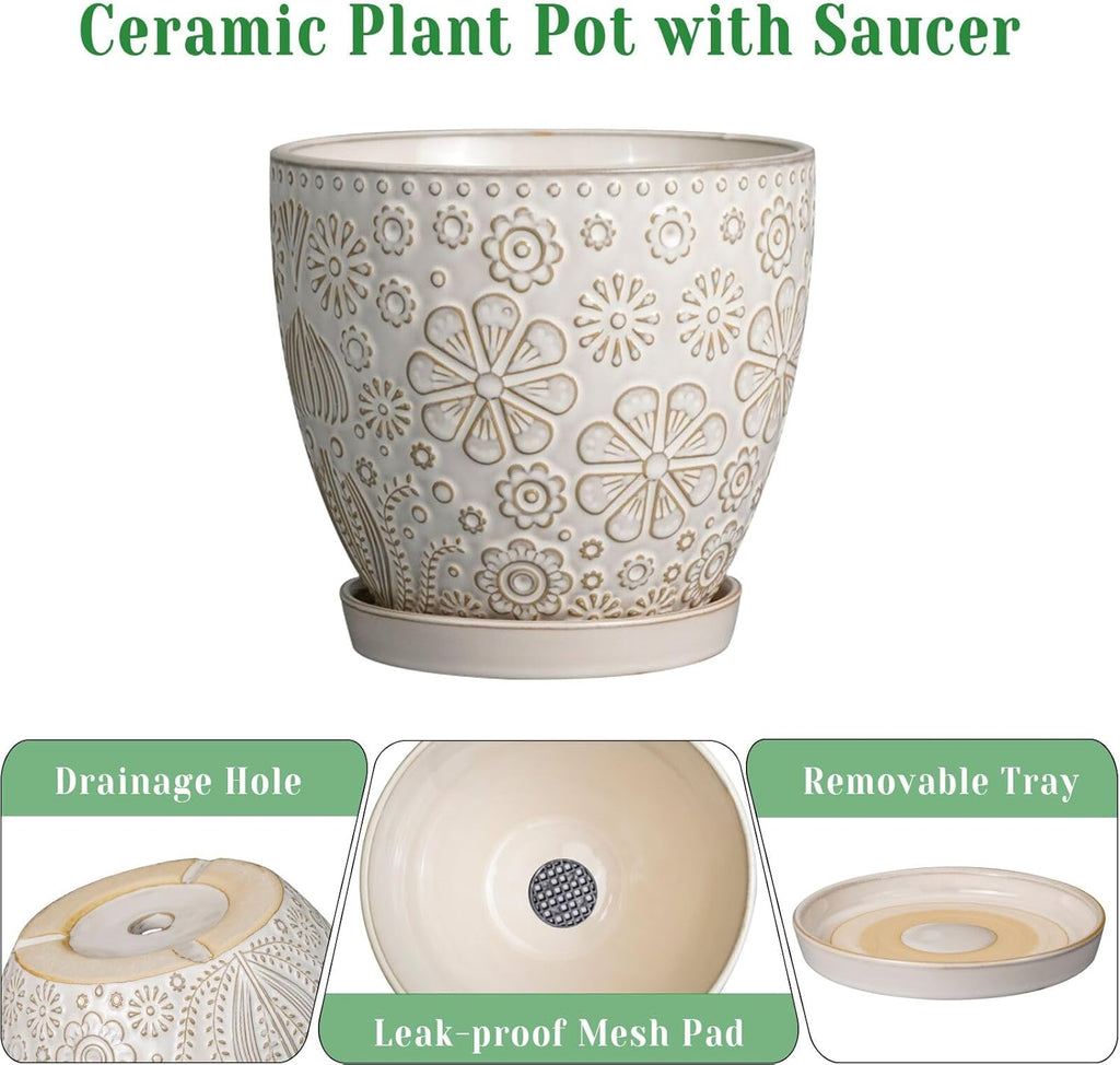 Ceramic Planter 8 Inch Plant Pot with Drainage Hole and Saucer Ceramic Pots for Indoor Plants Outdoor Large Flower Pot for Home Decor White