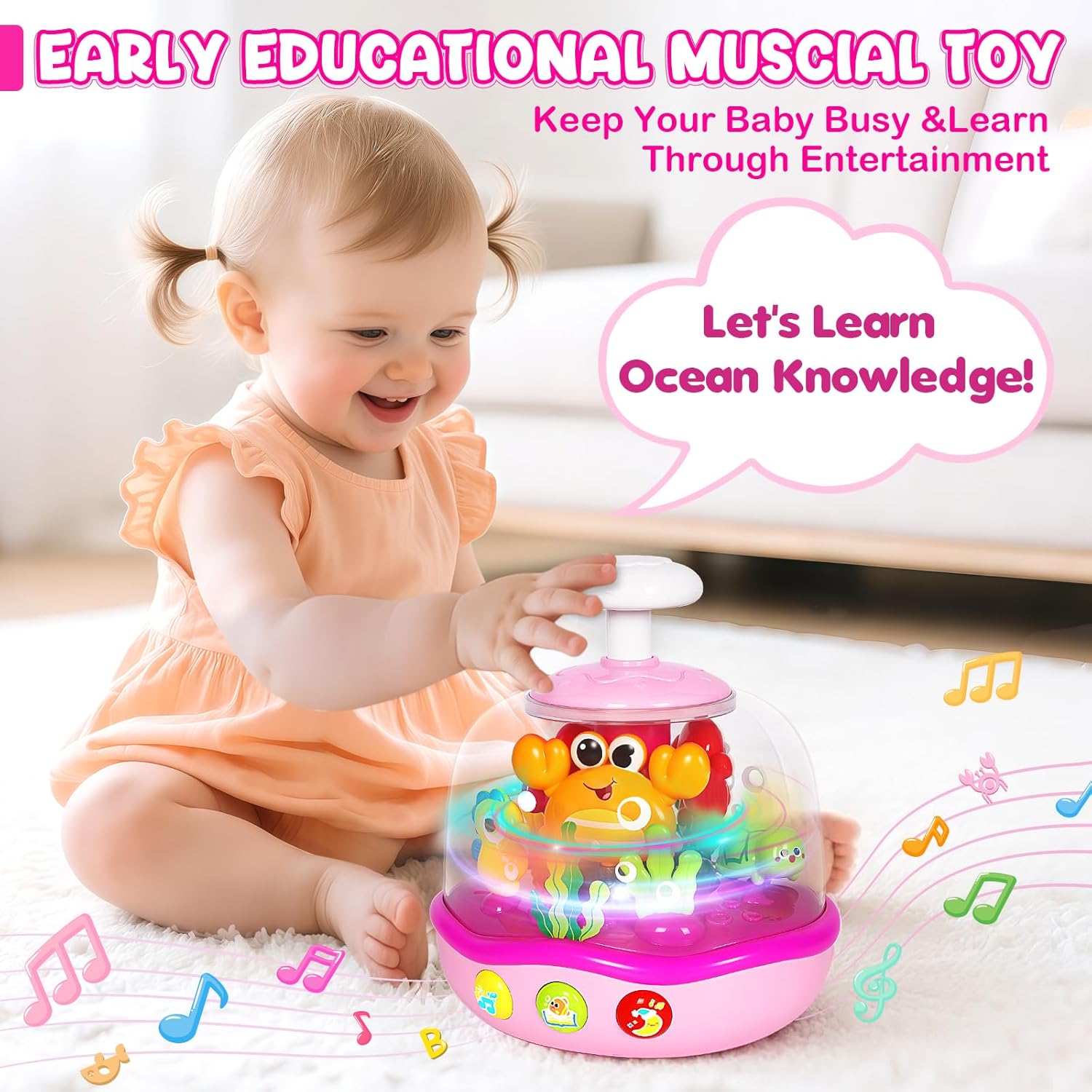 Baby Toys 6-12 Months, Musical Aquarium Infant Toys for 7 8 9 10 11 Months, Early Learning Educational Toy with Sound, Press Glow Spin for Cause and Effect, Christmas Birthday Gifts for Girls