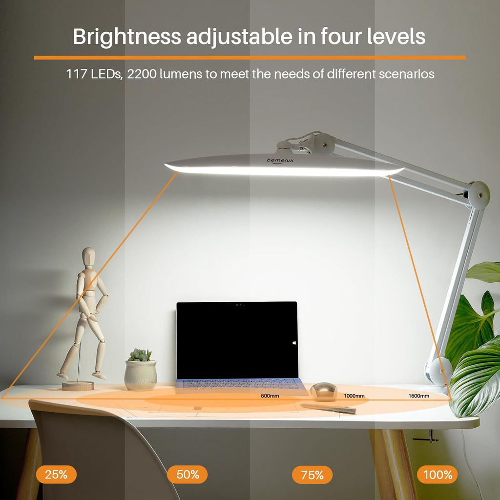LED Nail Desk Lamp with Clamp, 117PCS LEDs, 2200 Lumens 20 Inch Metal Swivel Arm Dimming Task Lamp for Reading,Desktop Office,Workbench,Architect,Sewing,Study,Home Craft and Nail(White)