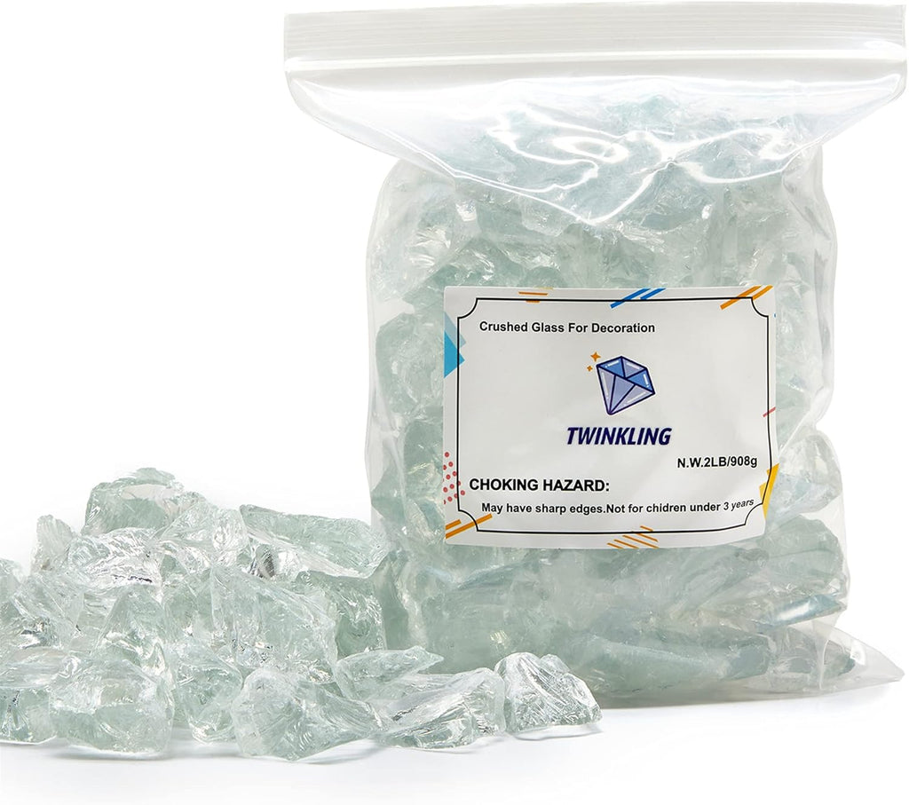 TWINKLING High Luster Fire Glass Gravel Stone,Broken Glass,Fire Pit Glass,Crushed Glass for Fireplace Pit Aquarium Garden Decoration,1-3cm,2-Pound Jar (Crystal/Transparent)
