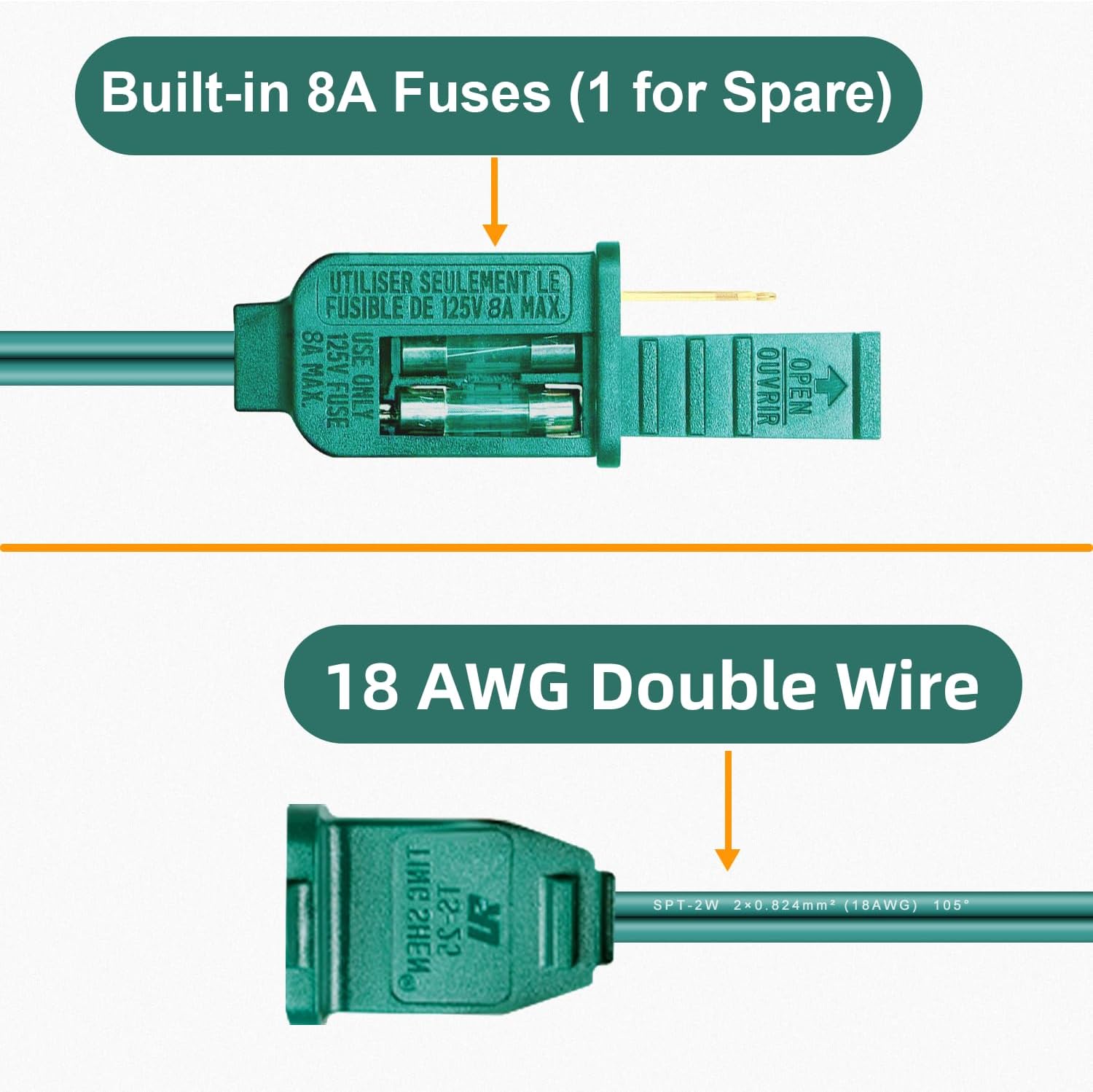 3 Pack #18 Gauge Green Extension Cord 6 Feet, Polarized Plug 2 Prong Outdoor Christmas Light Extension Cord - for Connect or Extend Indoor Outdoor Holiday Light, 120V / 8A / 960W (Total 18 Feet)