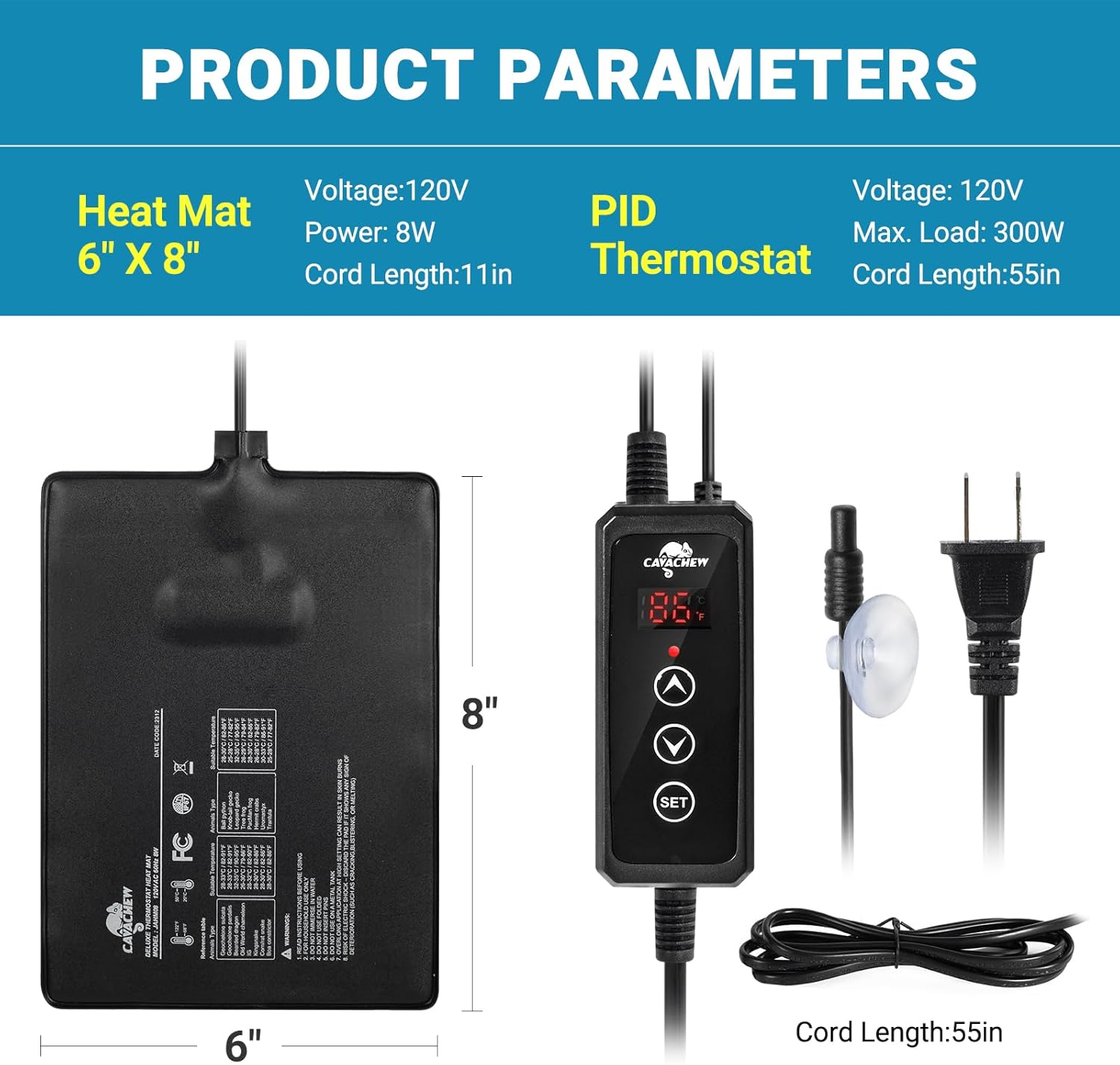 Reptile Heat Pad with Dimming Thermostat, 6" X 8" 8W Heating Pad Combo Set for 10-20 Gallon Reptile Tank, Under Tank Heater for Reptiles, Turtle, Snake, Lizard, Hermit Crab, Frogs, Seed