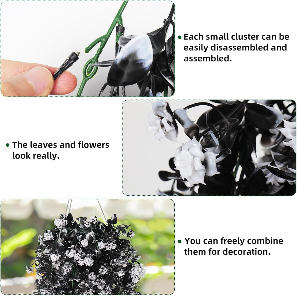 RECUTMS Realistic Artificial Black Hanging Plants Pack of 2 Faux Black Hanging Plant Outdoor Indoor with Lights LED Fairy String Rose Fake Hanging Flwers Decor for Office House (Black and White)