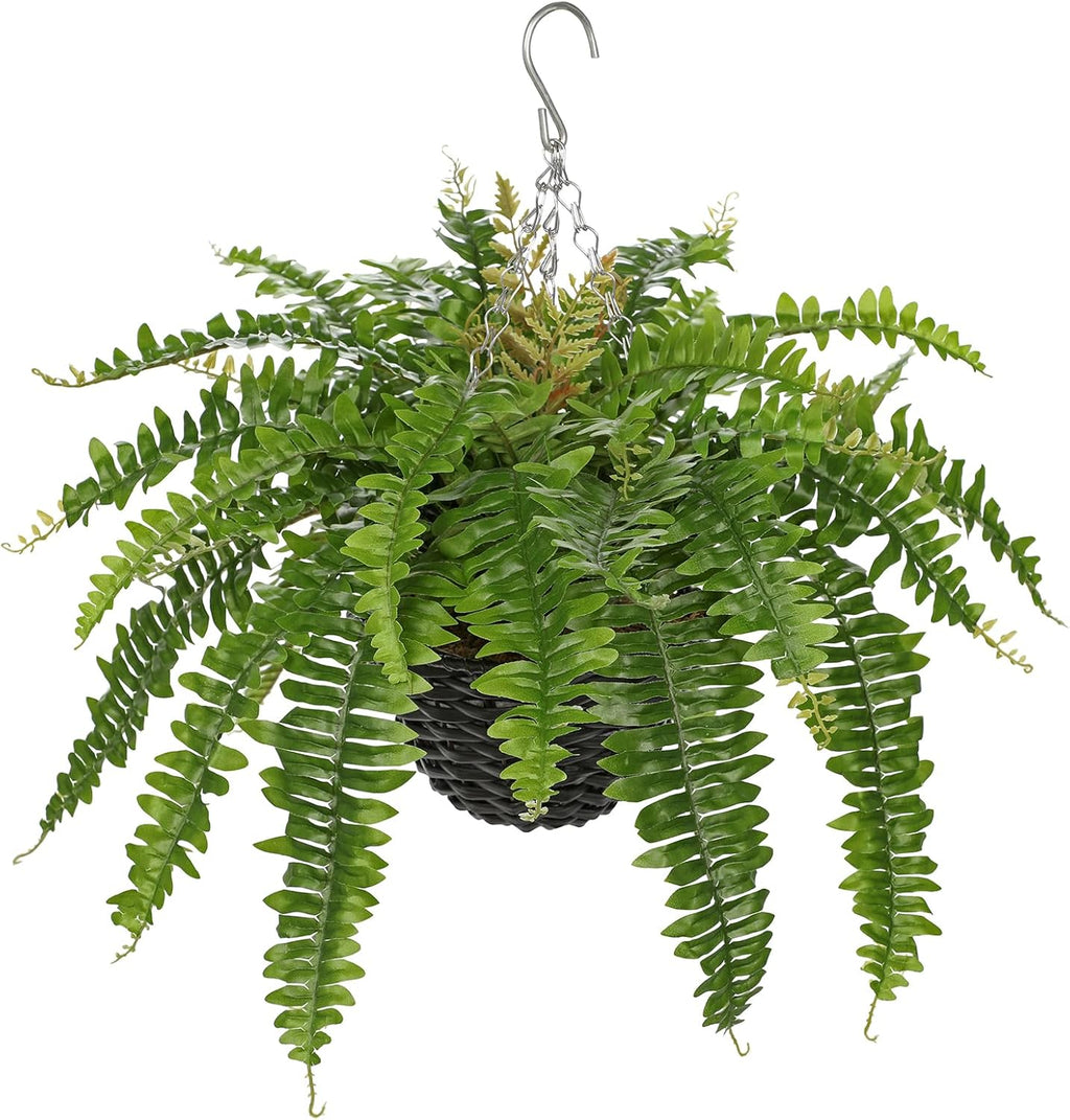 Hollyone 21" Artificial Boston Fern Hanging Basket 31 Leaves Fake Ferns in Rattan Pot Medium Greenery Plants for Outdoors & Indoor Faux Fern Bush Basket Plant Patio Garden Home Decor Green