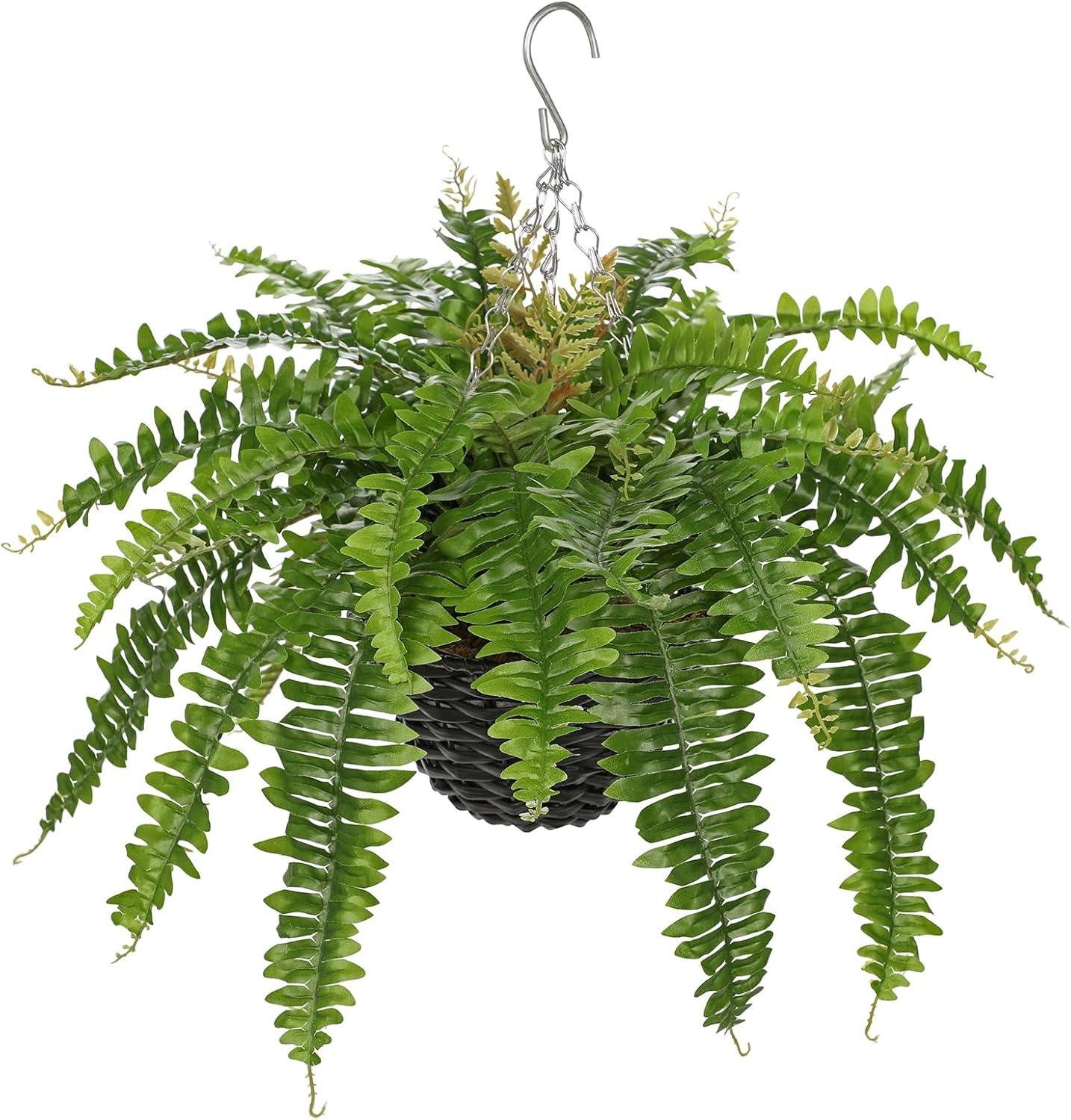 Hollyone 21" Artificial Boston Fern Hanging Basket 31 Leaves Fake Ferns in Rattan Pot Medium Greenery Plants for Outdoors & Indoor Faux Fern Bush Basket Plant Patio Garden Home Decor Green